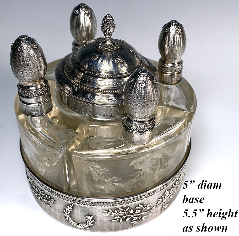 HUGE Antique French Sterling Silver and Crystal 4 Scent Bottle Caddy and Powder Jar, RARE