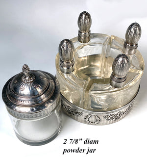HUGE Antique French Sterling Silver and Crystal 4 Scent Bottle Caddy and Powder Jar, RARE