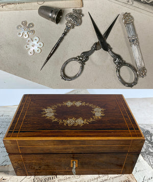 Antique French Sewing Box, Chest, Necessaire w Sterling Silver Tools, Mother of Pearl Silk Winders