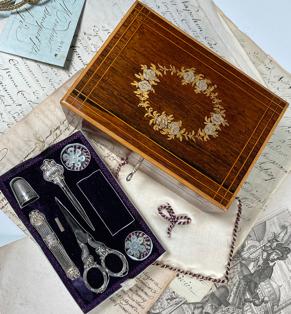 Antique French Sewing Box, Chest, Necessaire w Sterling Silver Tools, Mother of Pearl Silk Winders