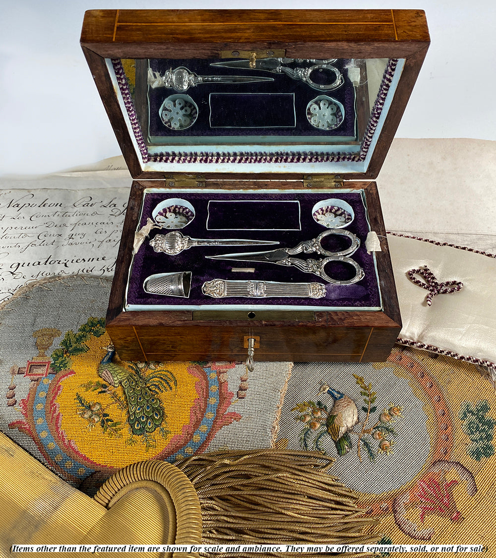 Antique French Sewing Box, Chest, Necessaire w Sterling Silver Tools, Mother of Pearl Silk Winders