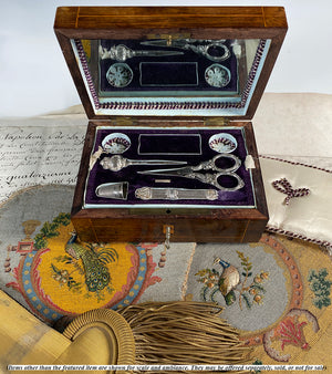 Antique French Sewing Box, Chest, Necessaire w Sterling Silver Tools, Mother of Pearl Silk Winders