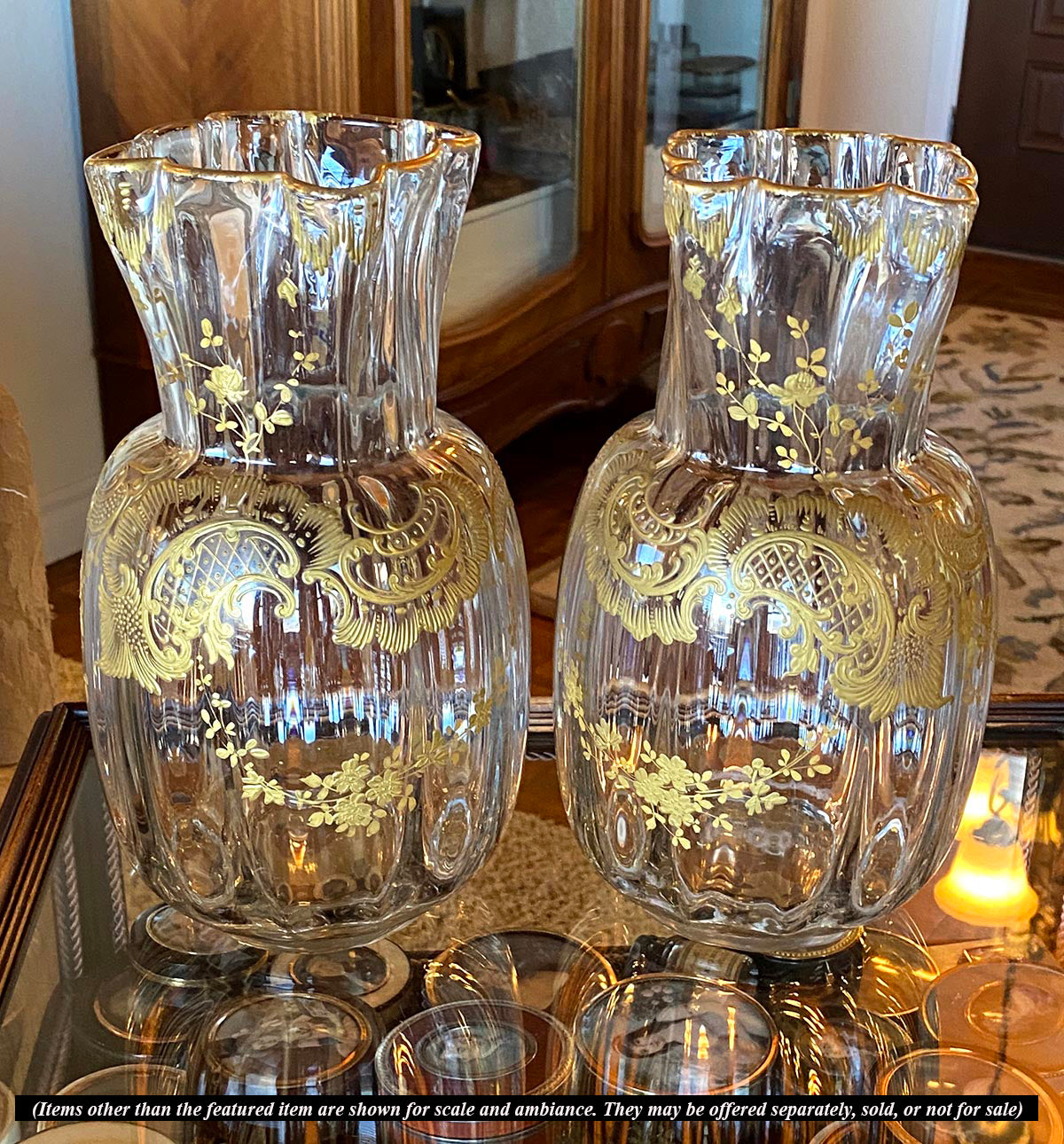 HUGE Pair of Matching Antique French Raised Gold Enamel Baccarat or St Louis Mantel Vase Vases