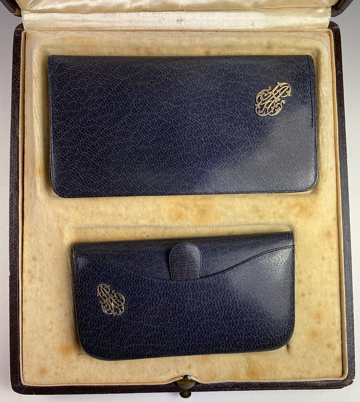 Antique French Leather & Sterling Silver Coin Purse and Note & Card Case, Aide d'Memoire, Presentation Box