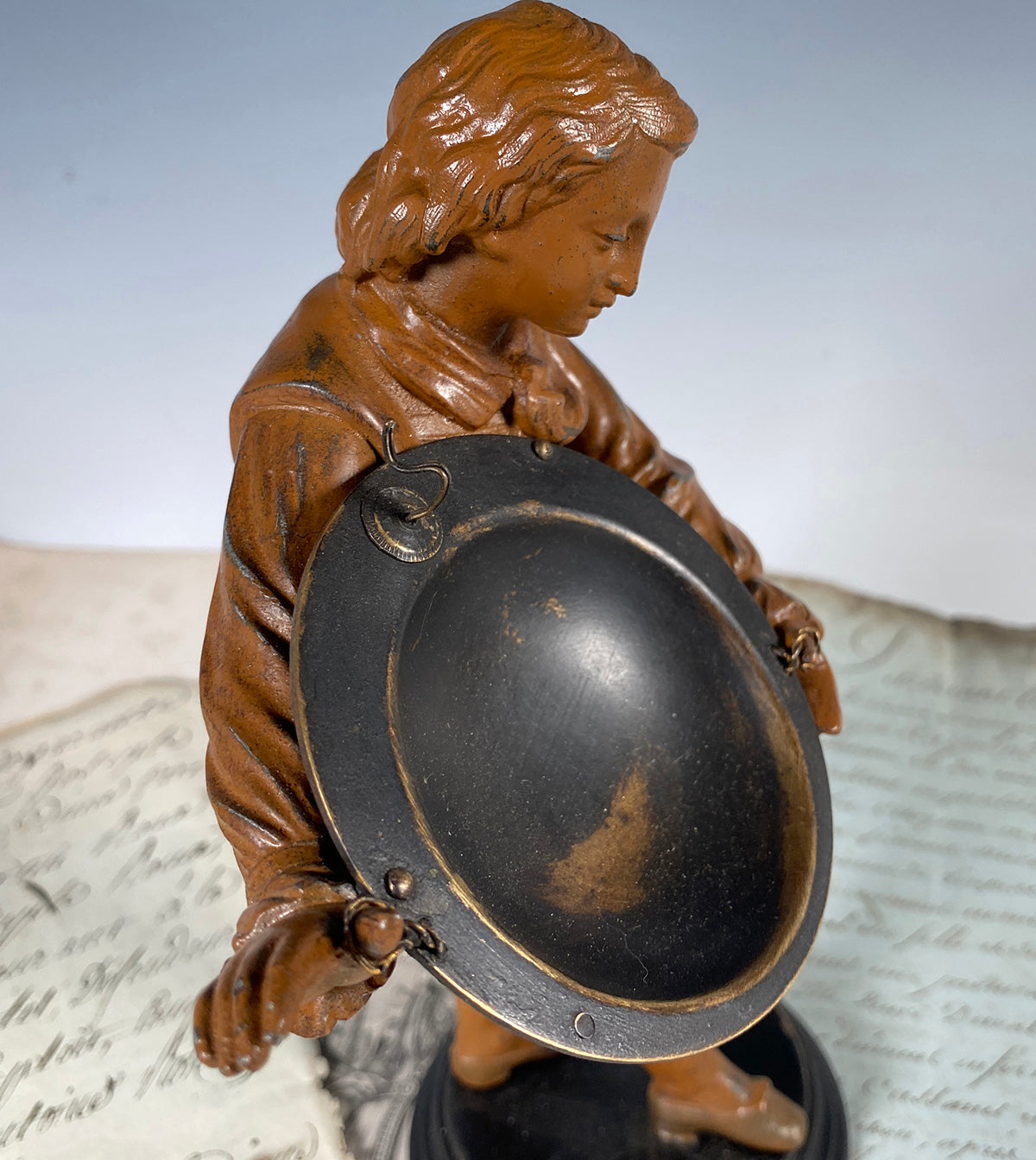 Vintage French Sculpture, A Boy with Disc or Bowl is a Pocket Watch Stand, Holder, Display