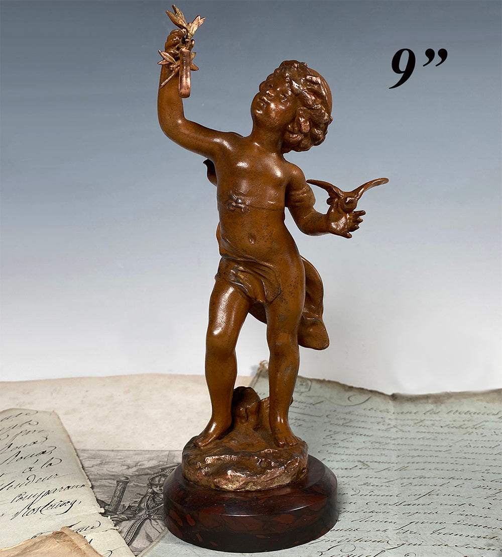 Vintage French Sculpture, A Boy with Olive Branch and a Dove is a Pocket Watch Stand, Holder, Display