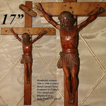 Antique Carved Wood Religious Sculpture, Medieval Style Christ Corpus, 17" Cross