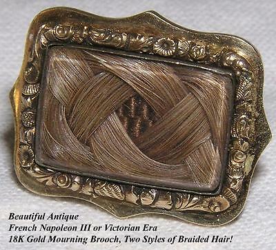 Beautiful Antique French Hair Art Mourning Brooch, 18K Gold Setting