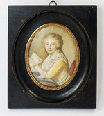 Antique French Hand Painted Portrait Miniature, Woman with Book, Mme Du Barry