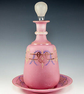 Antique mid-1800s French Opaline Decanter & Underplate, Tray, "Bonne Nuit"