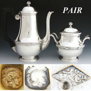 Elegant Antique French Sterling Silver 2pc Coffee or Tea Pot & Sugar Set, PAIR