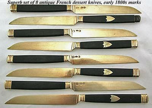 Antique French Sterling Silver, 22K Gold Vermeil & Ebony 8pc Knife Set, 1819
