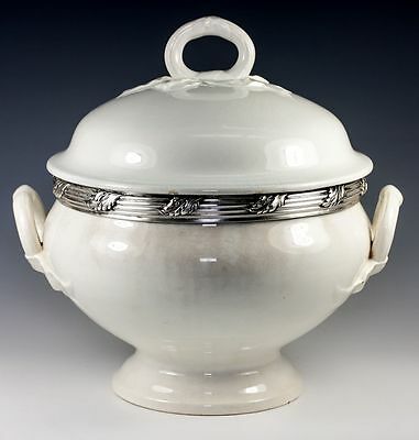 Antique French Faience Soup Tureen with Sterling Silver Collar, White Pottery