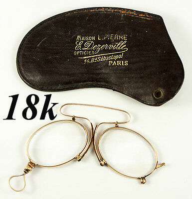 Antique 18k Gold, French Pince Nez Spectacles in Fine Condition, Hallmarks, Case