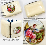 Antique French Coin Purse, Ivory and Silk, Kiln-fired Enamel Plaque Miniature Painting