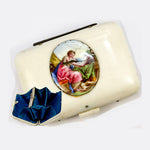 Antique French Coin Purse, Ivory and Silk, Kiln-fired Enamel Plaque Miniature Painting
