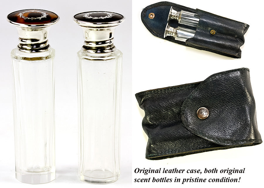 Antique English Sterling Silver and Tortoise Shell Perfume Flask Pair, Original Etui, Tortoiseshell