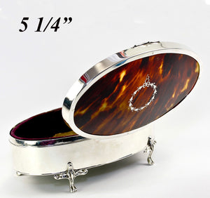 Antique English Sterling Silver and Tortoise Shell Jewelry Box, Casket, 5 1/4" Oval