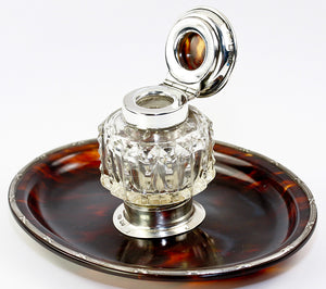 Antique English Sterling Silver and Tortoise Shell Inkwell, Ink Well & Pen Stand