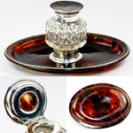 Antique English Sterling Silver and Tortoise Shell Inkwell, Ink Well & Pen Stand