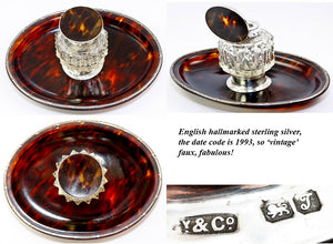 Antique English Sterling Silver and Tortoise Shell Inkwell, Ink Well & Pen Stand
