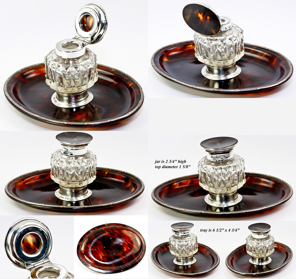 Antique English Sterling Silver and Tortoise Shell Inkwell, Ink Well & Pen Stand