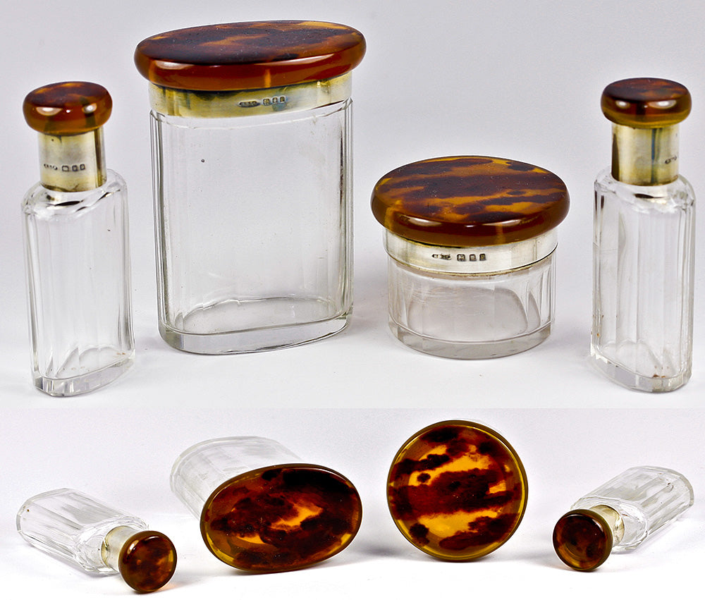 Antique 4pc Dressing Table Jars, Perfume Bottles Set, Tortoise Shell and English Sterling Silver Vermeil Lids