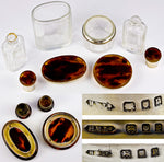 Antique 4pc Dressing Table Jars, Perfume Bottles Set, Tortoise Shell and English Sterling Silver Vermeil Lids