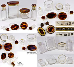 Antique 4pc Dressing Table Jars, Perfume Bottles Set, Tortoise Shell and English Sterling Silver Vermeil Lids