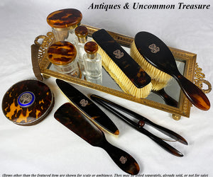 Antique 4pc Dressing Table Jars, Perfume Bottles Set, Tortoise Shell and English Sterling Silver Vermeil Lids