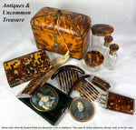 Antique 4pc Dressing Table Jars, Perfume Bottles Set, Tortoise Shell and English Sterling Silver Vermeil Lids