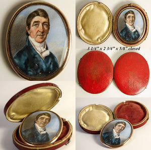 Antique Georgian Portrait Miniature in Oyster Locket Frame and Leather Case, Etui - a Gentleman, Man in Blue Top Coat