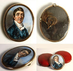 Antique Georgian Portrait Miniature in Oyster Locket Frame and Leather Case, Etui - a Gentleman, Man in Blue Top Coat