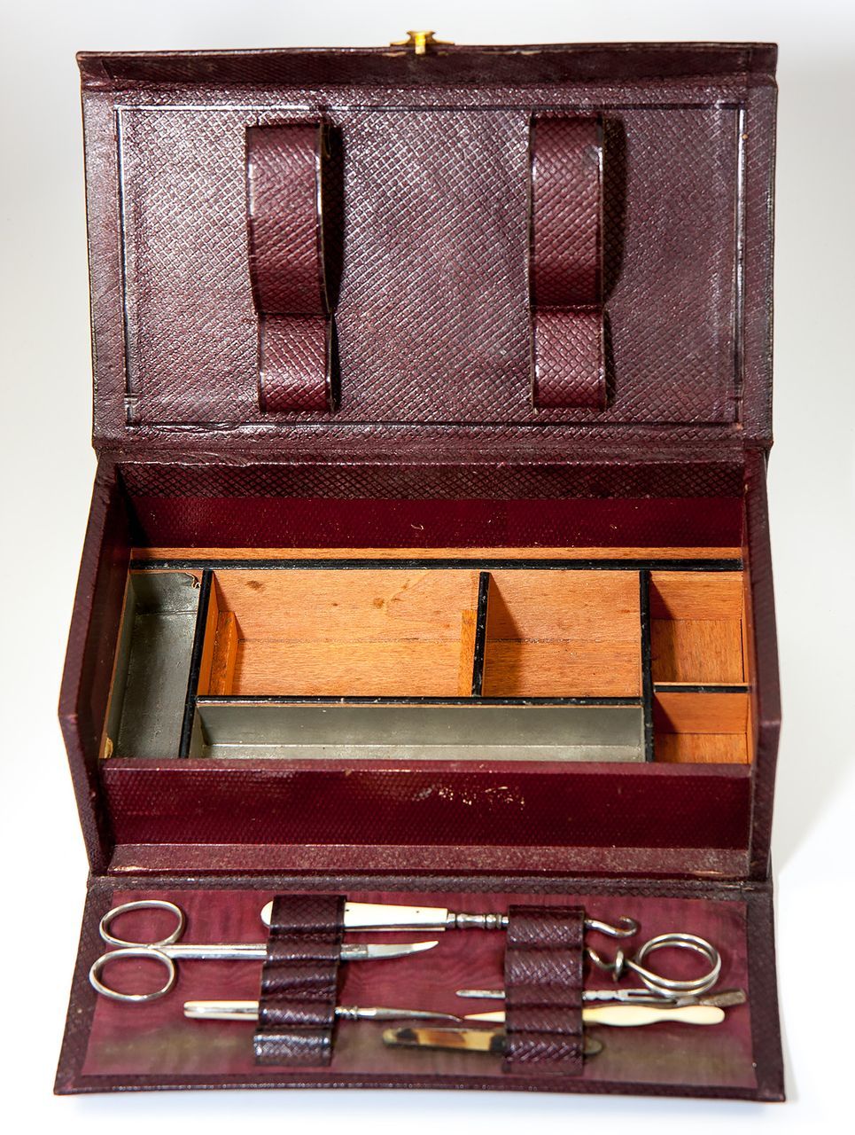 Antique French Early 19th C. Leather Grand Tour Traveler's Vanity Set, Necessaire, Incomplete