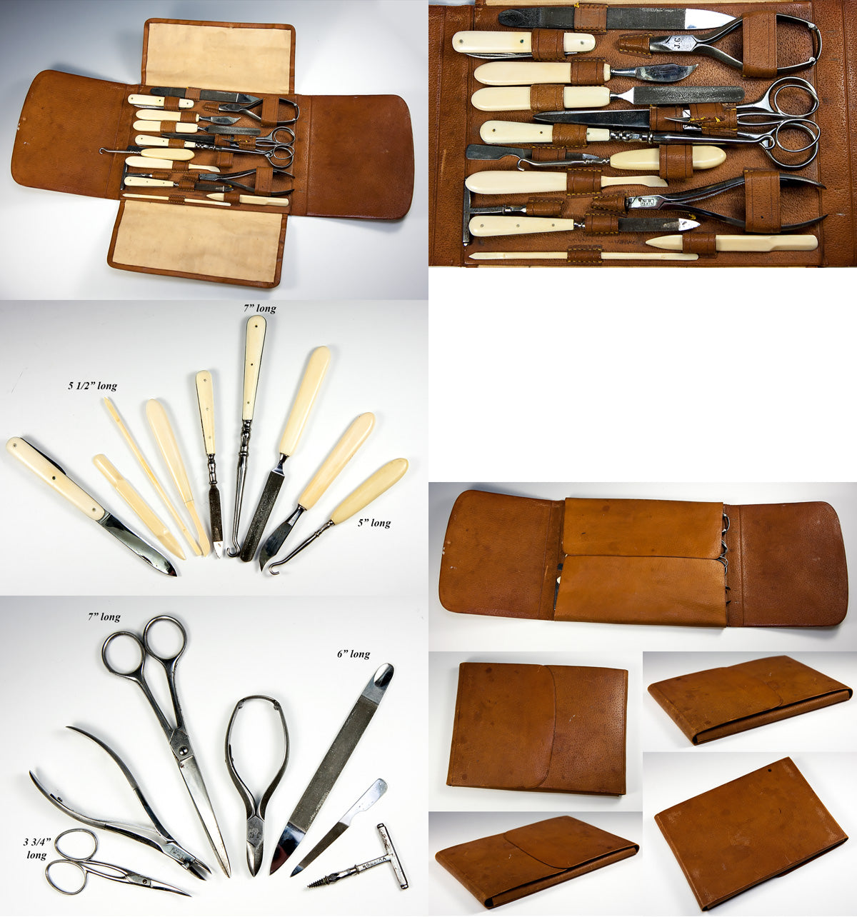 Antique French Ostrich Leather Folding Vanity Case with 15 Implements, One Marked Louis Vuitton