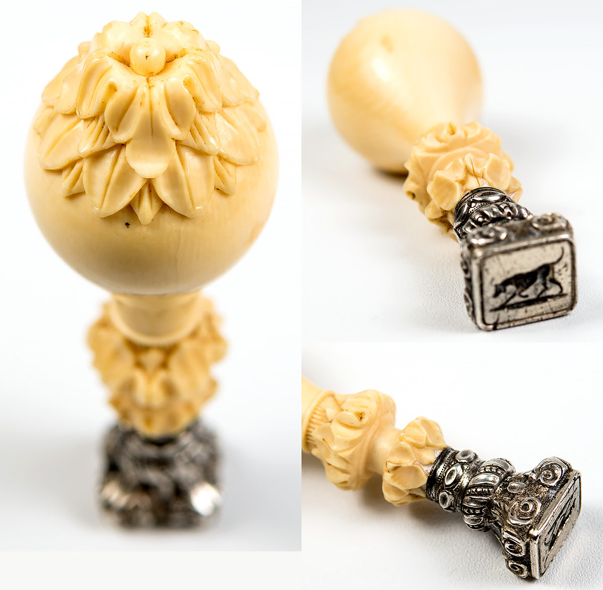 RARE Antique French Hand Carved Ivory Wax Seal, Dog Matrix, c.1840s Dieppe, France