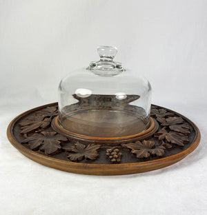 Antique Hand Carved Swiss Black Forest 13 1/4" Cheese Tray with Glass Dome c. 1918