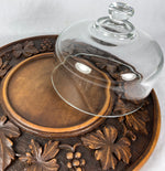 Antique Hand Carved Swiss Black Forest 13 1/4" Cheese Tray with Glass Dome c. 1918