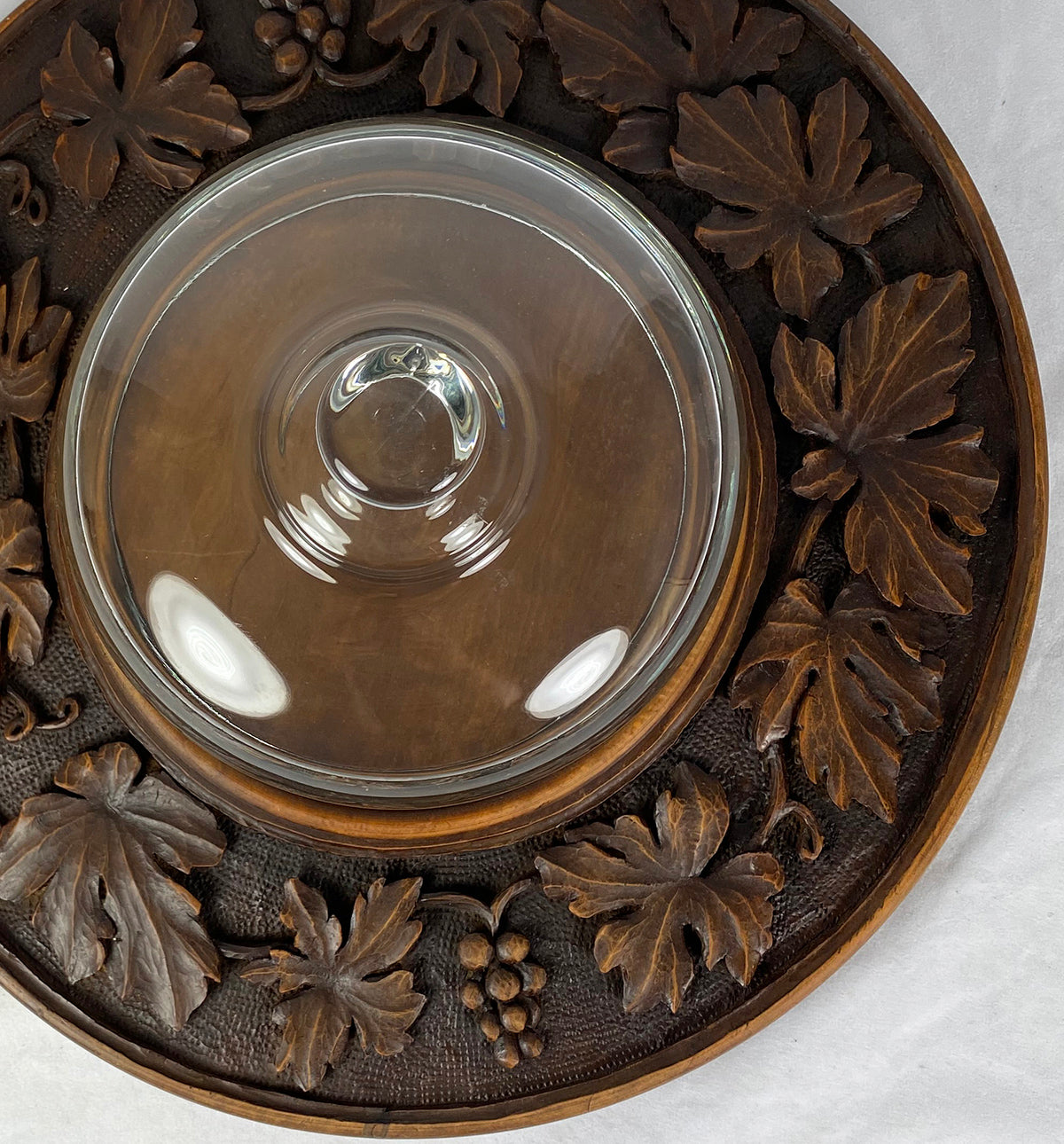 Antique Hand Carved Swiss Black Forest 13 1/4" Cheese Tray with Glass Dome c. 1918
