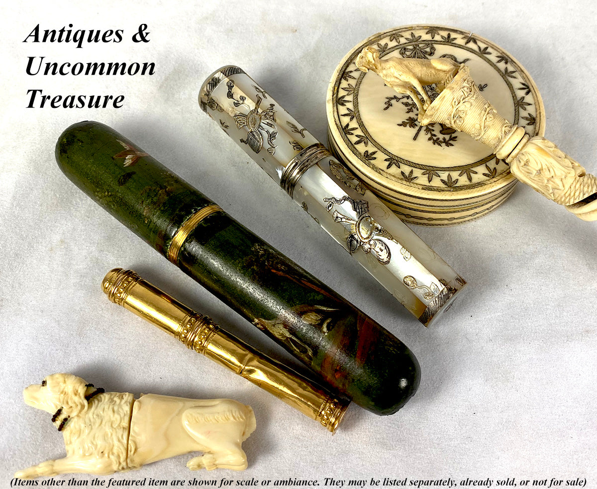 Antique c.1750s French Billet Doux, Dog and Pheasants HP Vernis Martin, 18k Gold