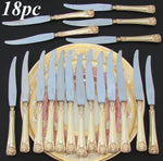 Antique French 18k Gold on Sterling Silver Vermeil 18pc Dessert Knife Set, Seashells