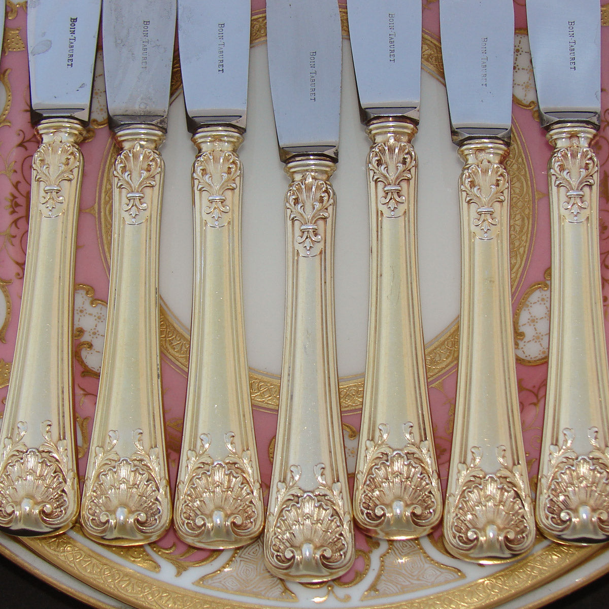 Antique French 18k Gold on Sterling Silver Vermeil 18pc Dessert Knife Set, Seashells