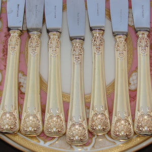 Antique French 18k Gold on Sterling Silver Vermeil 18pc Dessert Knife Set, Seashells