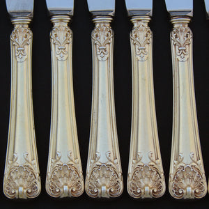 Antique French 18k Gold on Sterling Silver Vermeil 18pc Dessert Knife Set, Seashells