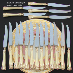 Antique French 18k Gold on Sterling Silver Vermeil 18pc Dessert Knife Set, Seashells