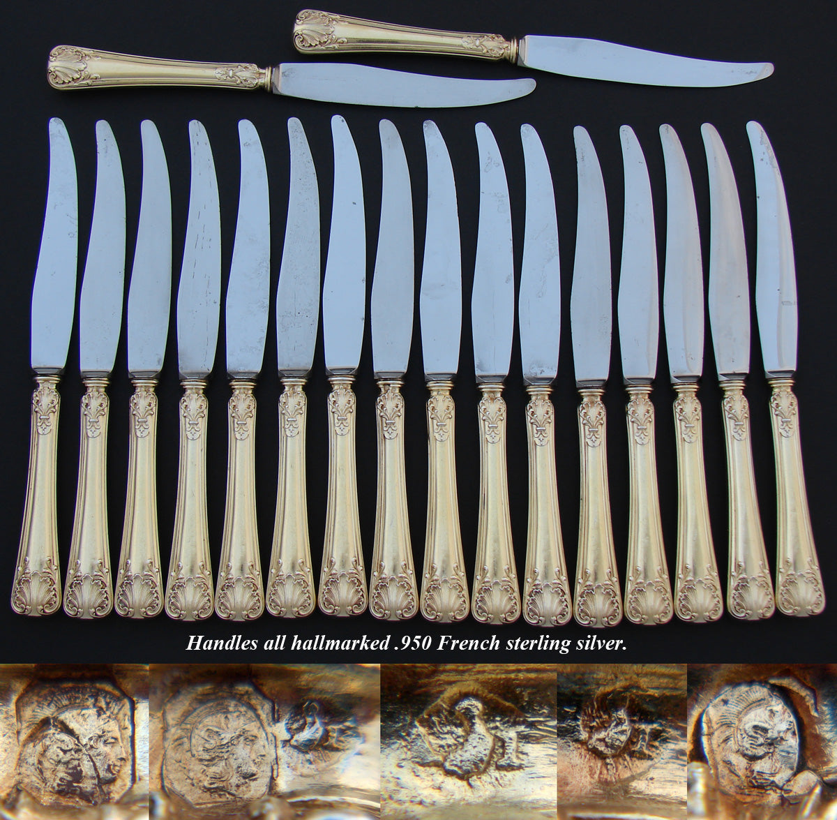 Antique French 18k Gold on Sterling Silver Vermeil 18pc Dessert Knife Set, Seashells