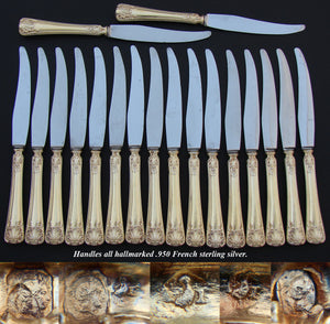 Antique French 18k Gold on Sterling Silver Vermeil 18pc Dessert Knife Set, Seashells