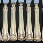 Antique French 18k Gold on Sterling Silver Vermeil 18pc Dessert Knife Set, Seashells