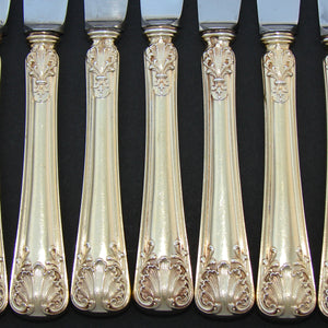 Antique French 18k Gold on Sterling Silver Vermeil 18pc Dessert Knife Set, Seashells