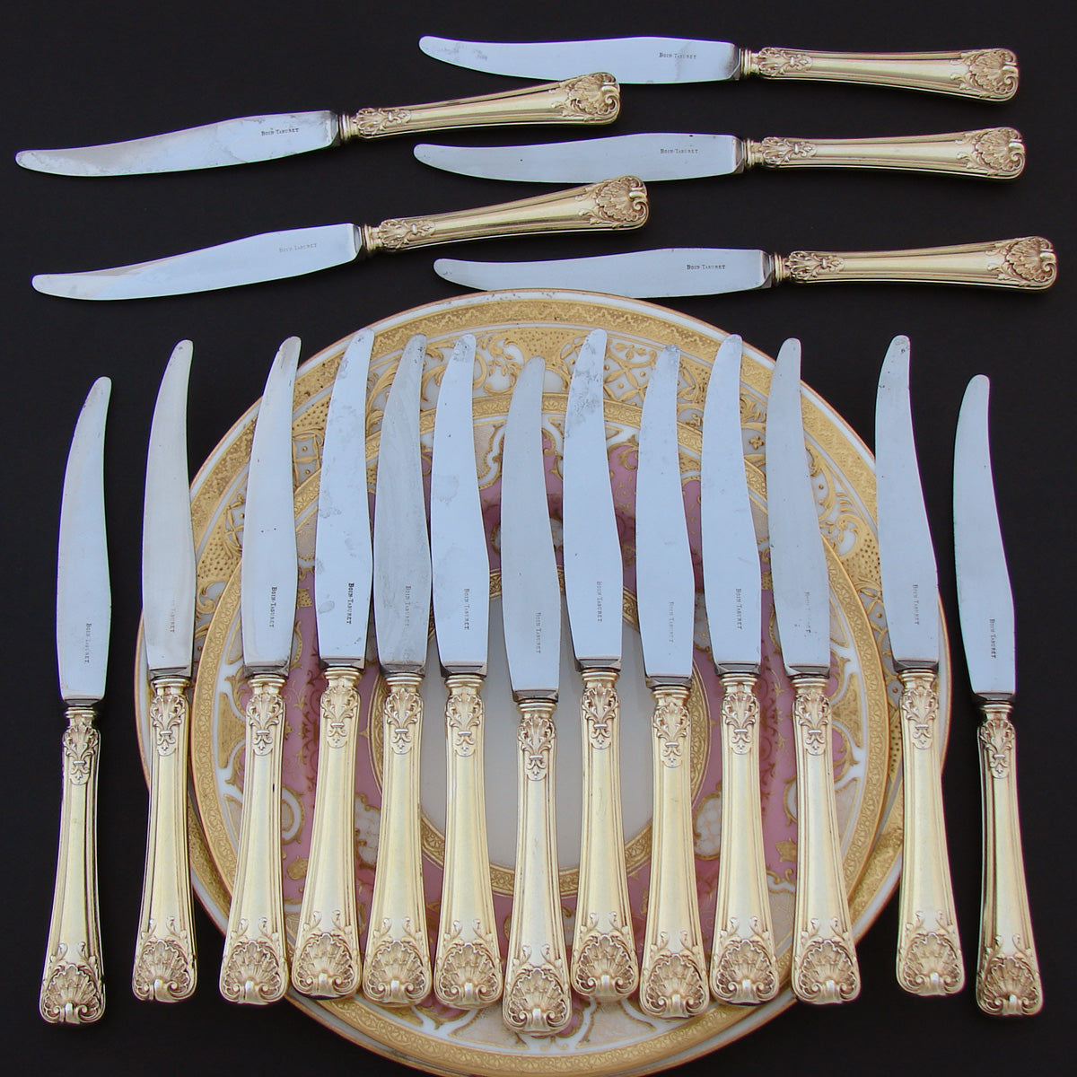 Antique French 18k Gold on Sterling Silver Vermeil 18pc Dessert Knife Set, Seashells